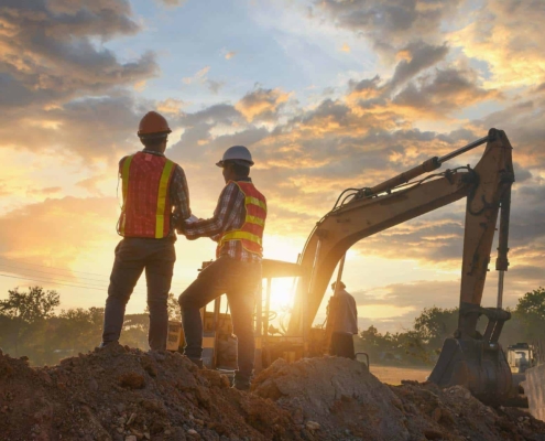 Construction Workers Standing At Site In Front Of Excavator